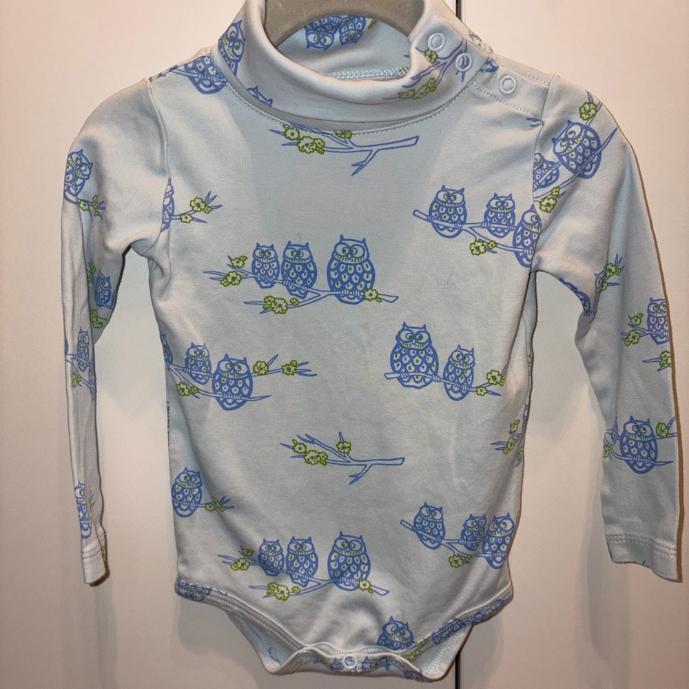 The Beaufort Bonnet Company Blue and Green Owl Print Kids Turtleneck Bodysuit